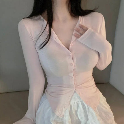 South Korea Dongdaemun New Product Beautifies Body ~ Gentle and Comfortable Swan Neck Shown Body Cardigan T-shirt
