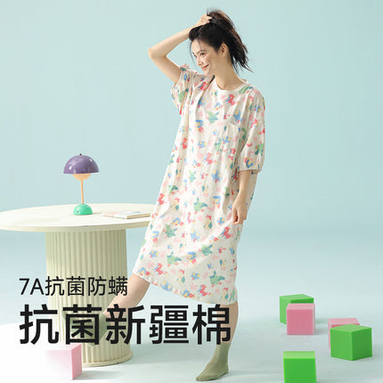 ClAss A XinjiAng Cotton Nightgown for Women, Pure Cotton, Fresh FlorAl Mid-skirt, Cute And Sweet Girl's Home Clothes ThAt CAn Be Worn Outside in Summer