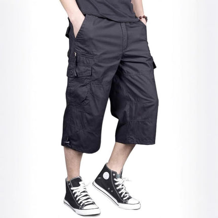 Magnivit Men's Cropped Pants Long Elastic Cargo Shorts Below Knee Shorts 3\/4 Cotton Cargo