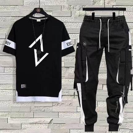 Short-Sleeved T-Shirt Men's Summer Thin Casual Trendy Long Pants Sports Suit Men's Set Loose Half-Sleeved T-Shirt
