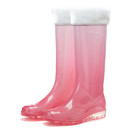 Cross-border new version of rain boots fashion gradient high-level rain boots women's winter fleece-lined warm camping to the sea pastoral
