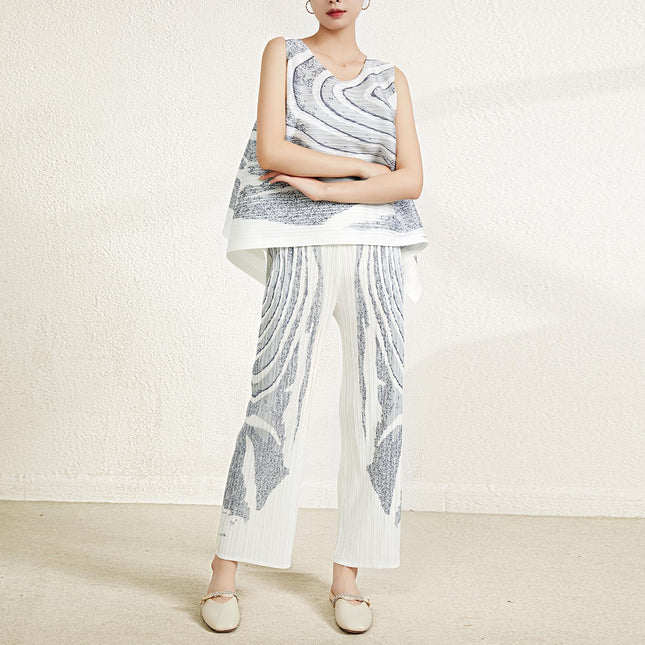 Original Fabric from the Boutique, Issey Miyake Fashion Set, Women's Summer Elegant Loose Sleeveless Top and Pleated Pants Two-Piece Set