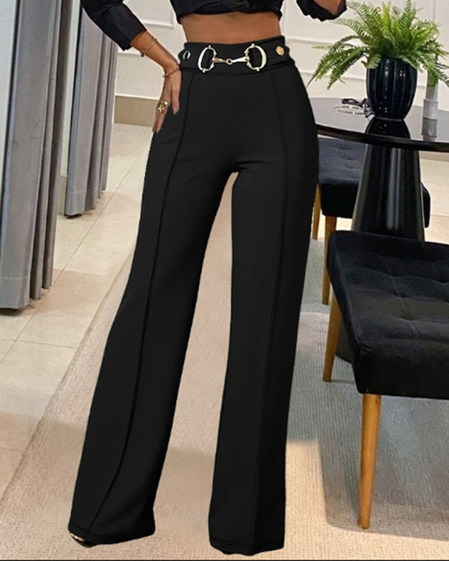European and American Amazon Spring and Autumn Cross-Border New Products, Casual Solid Color High-Waisted Metal Decorative Straight Pants