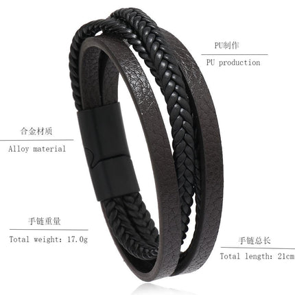 Men's multi-layer woven leather bracelet alloy black plated magnetic buckle unisex bracelet Amazon hot bracelet