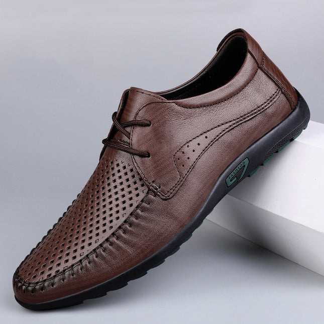 2025 Men's Summer Hollow Leather Shoes Soft Leather Comfortable Work Business Hole Leather Shoes Light Luxury Punched Shoes