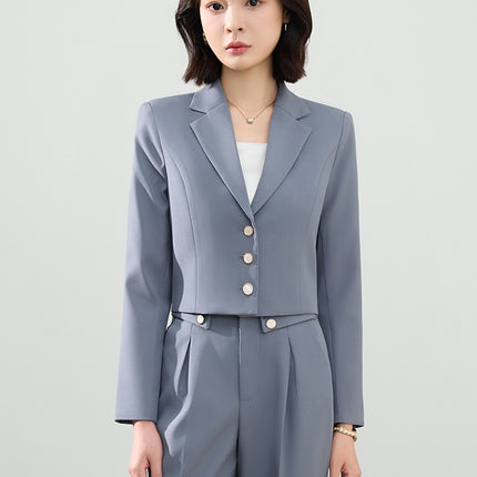 Cross-Border Gray Suit Set for Women, Spring and Autumn Short Style Professional Formal Wear, Hotel Front Desk Long-Sleeve Workwear Blazer