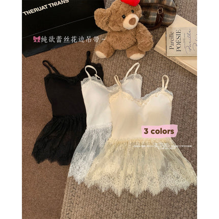 1085# V-Neck Elegant Lace Skirt Beautiful Camisole Autumn and Winter Fart Curtain Stitching Mesh Sleeveless Top