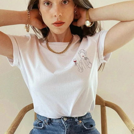 Niche Momsi*Er French Wine Glass Printed Short-Sleeved T-Shirt for Women Ins Super Hot Loose Summer Round Neck Tee
