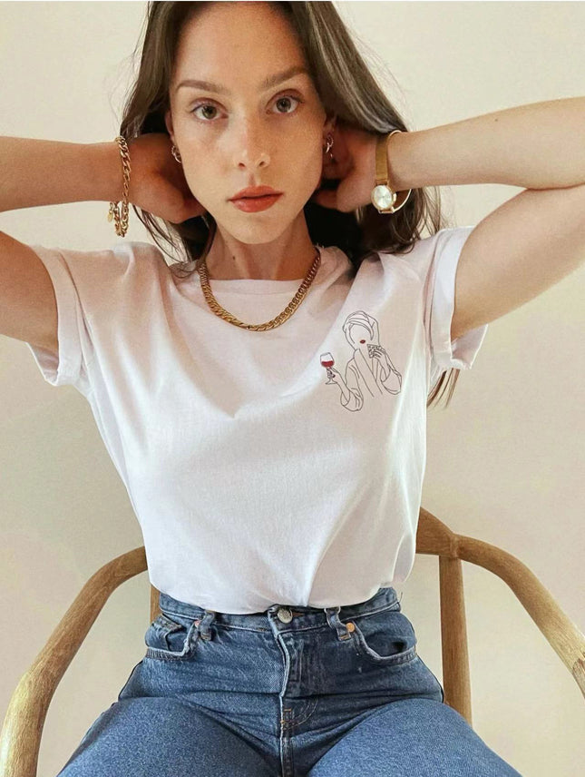 Niche Momsi*Er French Wine Glass Printed Short-Sleeved T-Shirt for Women Ins Super Hot Loose Summer Round Neck Tee