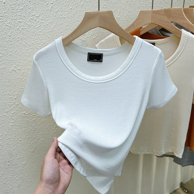 2025 New Summer U-Neck Right Shoulder T-Shirt Slim Design Niche Short-Sleeved Sexy Small Top for Women Export
