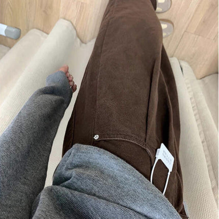 Plus Size Dark Brown Jeans for Women, Autumn New Style, Loose High-Waisted Slimming Wide-Leg Pants for Pear-Shaped Body