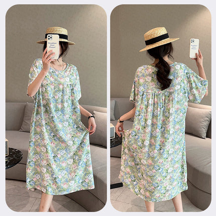 Cotton Silk Nightdress Women's Short-sleeved Artificial Cotton Pajamas Summer Thin Large Size Loose Home Clothes Simple Floral Dress