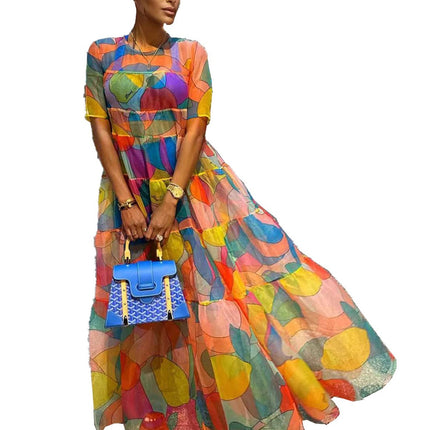 31272 cross-border supply of European and American women's new Amazon independent station wholesale hot mesh printing dress