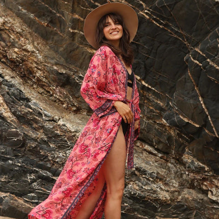 Rayon Beach Cover-Up Summer Positioning Print Bikini Cardigan Bohemian Style Cover-Up Kimono