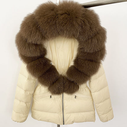 25 New Foreign Trade Hot Style Short Women's Real Fox Fur Collar down Jacket Thickened Slim Waist Fur down Jacket