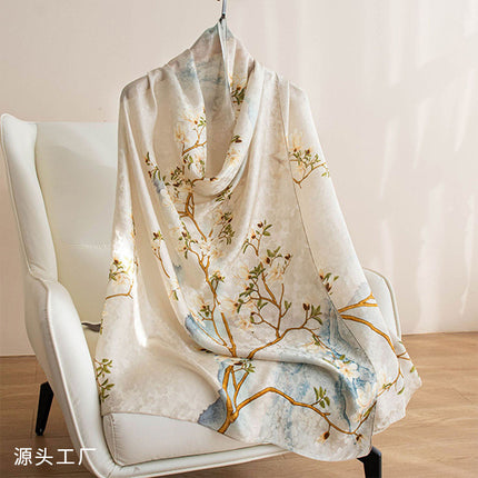 Silk Scarf with Korean Style Atmosphere, New Spring and Summer Printed Lightweight Mulberry Silk Scarf for Women, Versatile Large Shawl