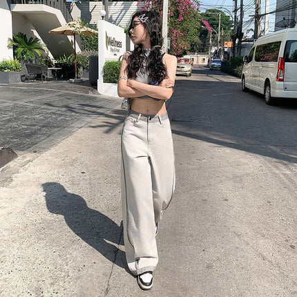 Wholesale Dropshipping Trendy Design Color-Blocking High-Waisted Wide-Leg Jeans for Women Spring and Summer Loose Slimming Floor-Length