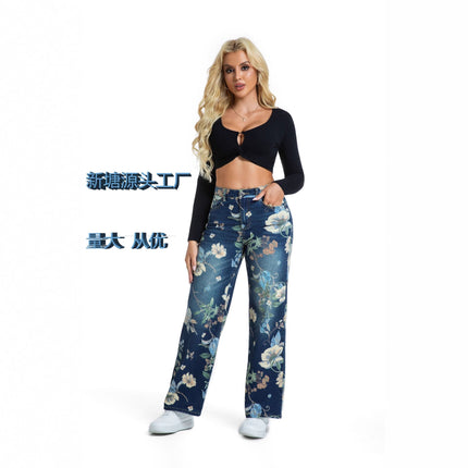 Printed Blue Denim Wide-Leg Pants 2025 Autumn New Thin Straight Long Vintage Pants Floor-Length Pants Women's Clothing