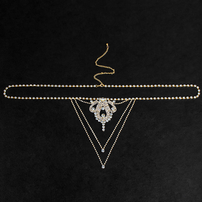 European and American sexy waist chain luxury super flash rhinestone underwear nightclub water drop thong bikini body chain