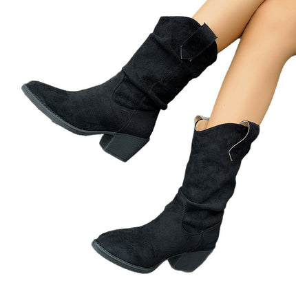Chunky Heel Retro Brown V-Cut Mid-Calf Boots for Women 2025 Autumn/Winter Pointed Toe Western Cowboy Boots Cross-Border
