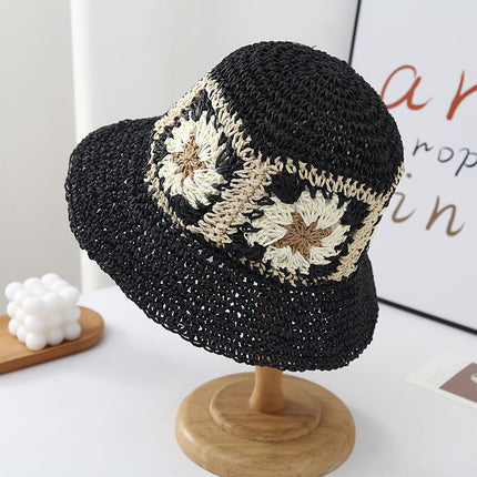Trendy Floral Woven Straw Hat Summer Sun Protection Sunshade Fisherman Hat Foldable Wide Brim Face-Slimming Beach Vacation