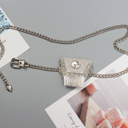 Mini Full diamond small waist bag female fashion ins silver decorative waist chain bag new adjustable body chain rhinestone bag