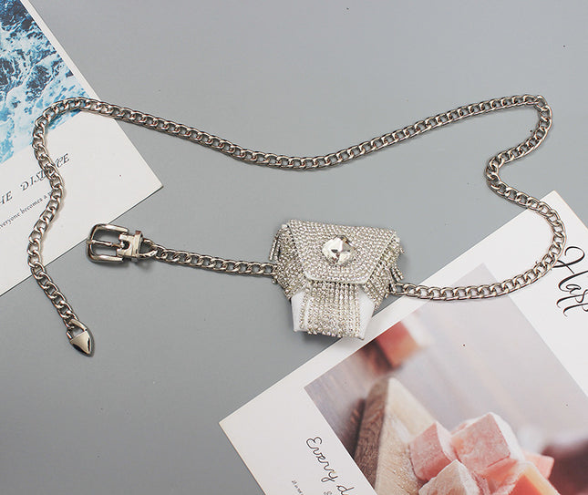 Mini Full diamond small waist bag female fashion ins silver decorative waist chain bag new adjustable body chain rhinestone bag