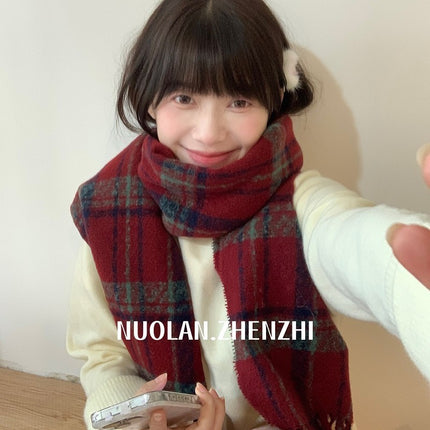 New Maillard Cashmere Plaid Scarf Women's Autumn and Winter Thickened Warm Shawl Dual-purpose Solid Color Student Scarf