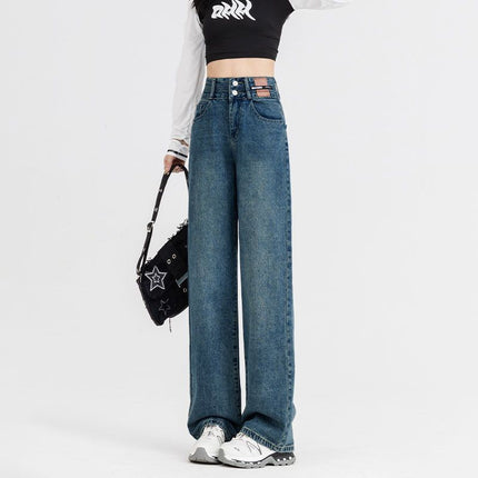 Women's Versatile Retro Blue Floor-Length Pants, Stylish High-Waisted Straight-Leg Jeans, Slimming 2025 Drapey Wide-Leg Pants, Trendy