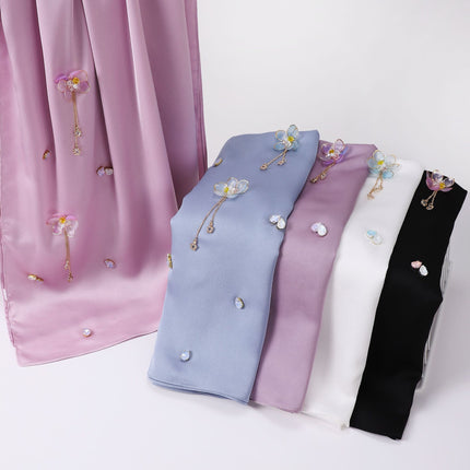 Cross-border New Chinoiserie Lotus Flower Satin Chiffon Long Scarf Handmade Flower Gauze Scarf Women's Bag Headscarf Drop Shipping