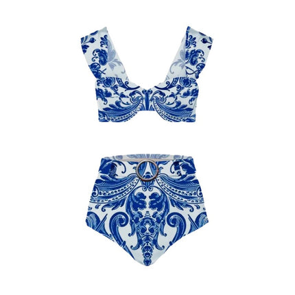 2024 New European and American High Waist Retro Printed Split Swimsuit Women's Hot Spring Holiday Beach Dress Two-piece Swimsuit