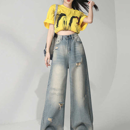 American Niche Retro Distressed Washed Ripped Jeans for Women, Loose High-Waisted Slimming Wide-Leg Floor-Length Pants