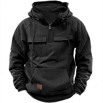Cross-Border Men's Half-Zip Hooded Sweatshirt, Retro Workwear with Multiple Flap Pocket Pantss, Loose Casual Pullover Hoodie