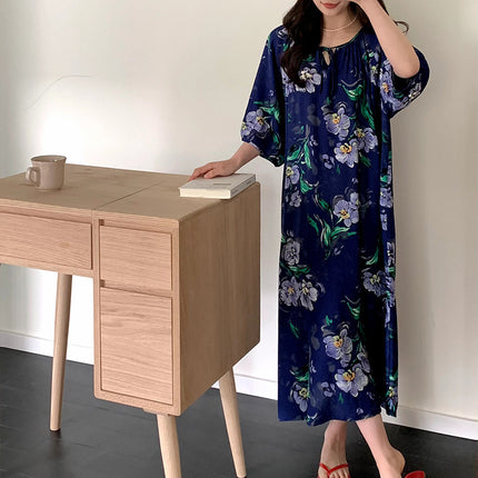 2026 New Cotton Silk Nightgown for Women, High-End Printed Short-Sleeved Long Dress, Large Size, Thin Style, Can Be Worn Outside as Loungewear