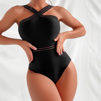 2025 New Aliexpress European and American Cross-Border Bikini Solid Color Cross Strap One-Piece Sexy Bikini Swimsuit for Women