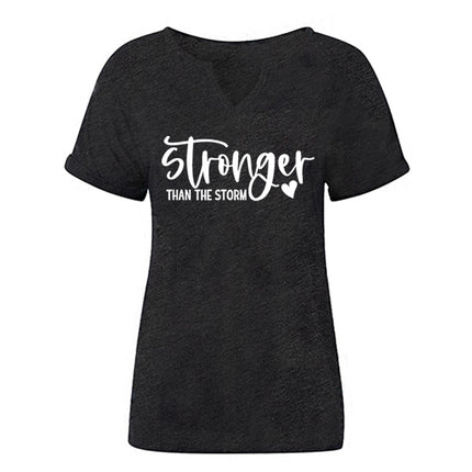 Amazon Cross-Border Spring and Summer New Product V-Neck Rolled Sleeves Stronger Than the Storm Letter Print