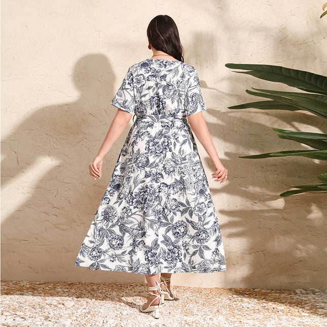 2025 Cross-border New French Elegant Elegant plus size dress Line-drawing Floral V-neck Short-sleeved Waisted Long Dress