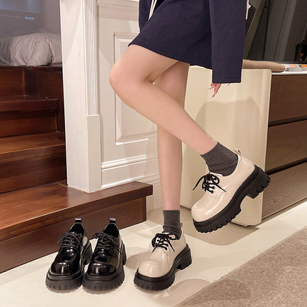 Retro British Style Thick-Soled Small Leather Shoes for Women 2025 Spring & Fall New Round-Toe Matchinging Skirt Heightening Lace-Up Shoes
