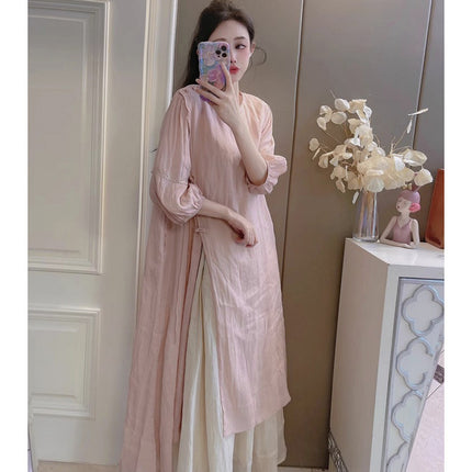 Summer New Style Quality Ramie Handmade Buckle Lace Lace Guofeng dress Double-Layer Skirt suit