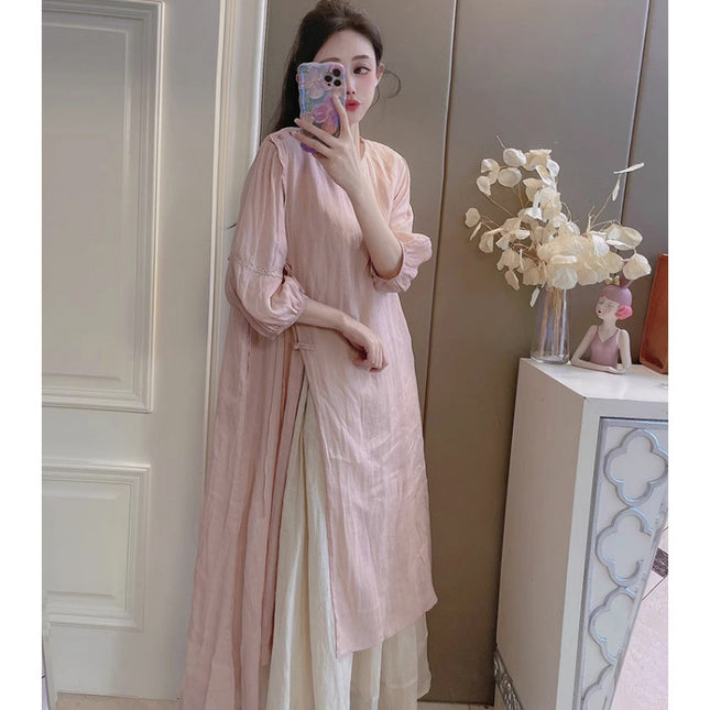 Summer New Style Quality Ramie Handmade Buckle Lace Lace Guofeng dress Double-Layer Skirt suit