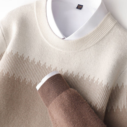 2025 New Autumn and Winter 100% Pure Wool Sweater Men's Thickeneded Contrasting Color Sweater Pullover Warm and Versatile Knitted Bottoming Shirt