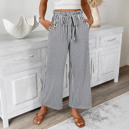 Trendy Striped Casual Pants for Women Versatile Brushed Wide-Leg Pants Casual Pocket Drawstring Long Pants European and American Cross-Border Women's Clothing