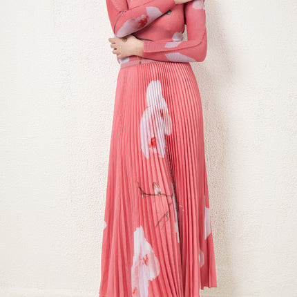 European and American Plus-Size Printed Pleated Top Two-Piece Set, New Fashion Youthful and Age-Reducing Skirt Set