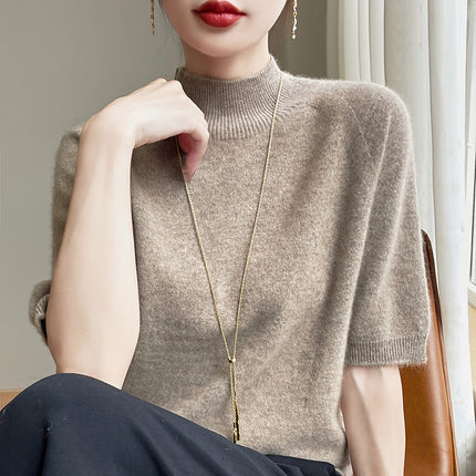 One-Piece Seamless Autumn and Winter Half-High Collar Five-Quarter Sleeve Knit Top for Women, Loose Short-Sleeve T-Shirt Knit Top for Layering
