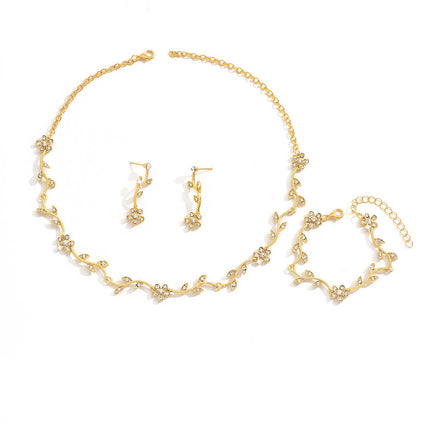 Cross-Border Necklace Earrings Bracelet Jewelry Set Plum Blossom Leaf Shape Bridal Dress Women's High-End Jewelry Set