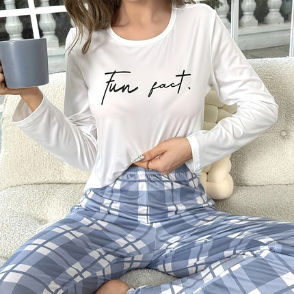 Homewear Cross-Border Pajamas Set Export Autum Women's Letter Printed Long-Sleeved Tops Plaid Pants Two-Piece Set