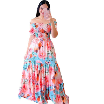 2025 cross-border new spring and summer European and American women's dress off-shoulder floral fashion off-shoulder long printed skirt