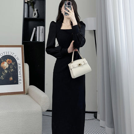 Autumn 2024 long sleeve French waist design feeling show long temperament new square collar slim dress casual