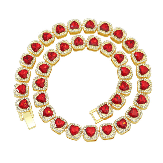 Hip-hop Peach Heart Candy Chain Heart-shaped Crystal Diamond Cuban Men's Necklace Cuban Fashion Collarbone Chain European and American Cross-border Necklace