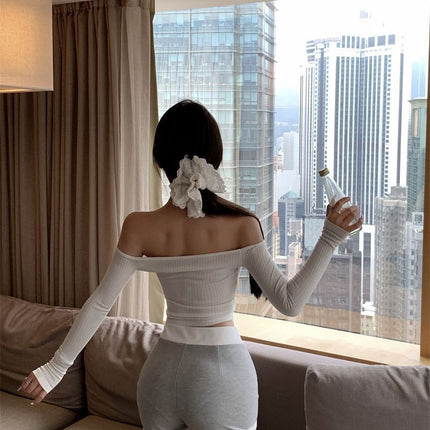 One-Shoulder White Long-Sleeved Slim T-Shirt for Women in Autum Sexy Sexy Tight Elastic Slimming Look Short Crop Top
